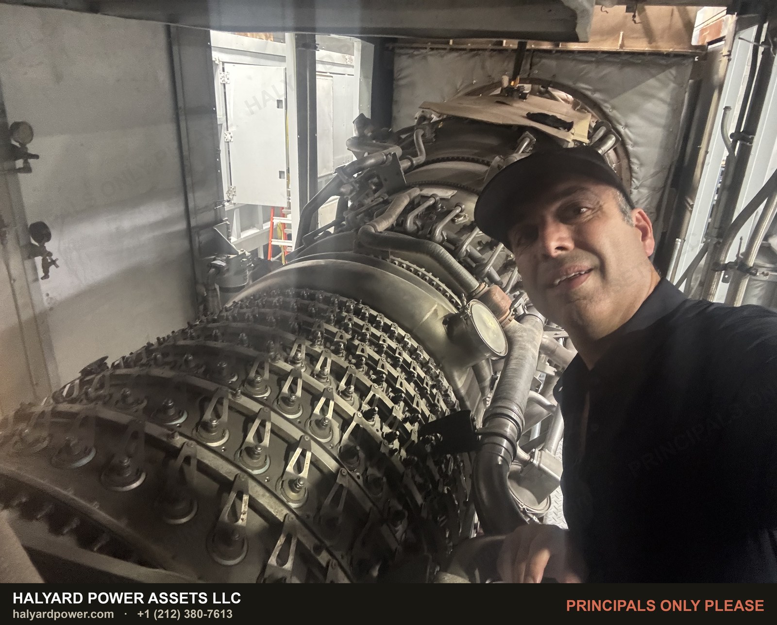 The LM2500 gas generator, compressor section, photographed at the units on 31 August 2026 — a Halyard principal in frame for scale